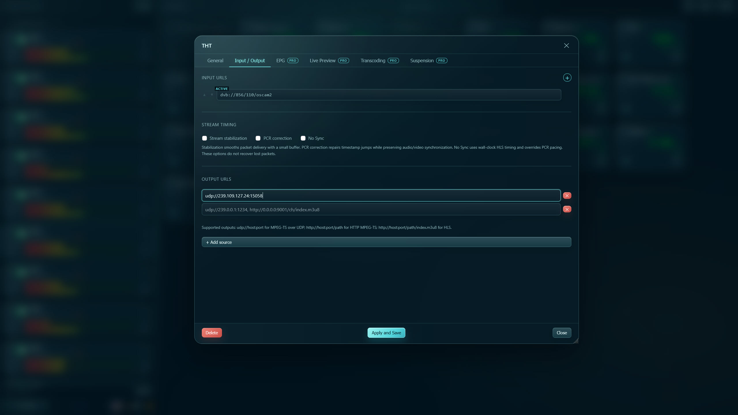 Channel Input / Output settings with source, destination, and stream timing controls