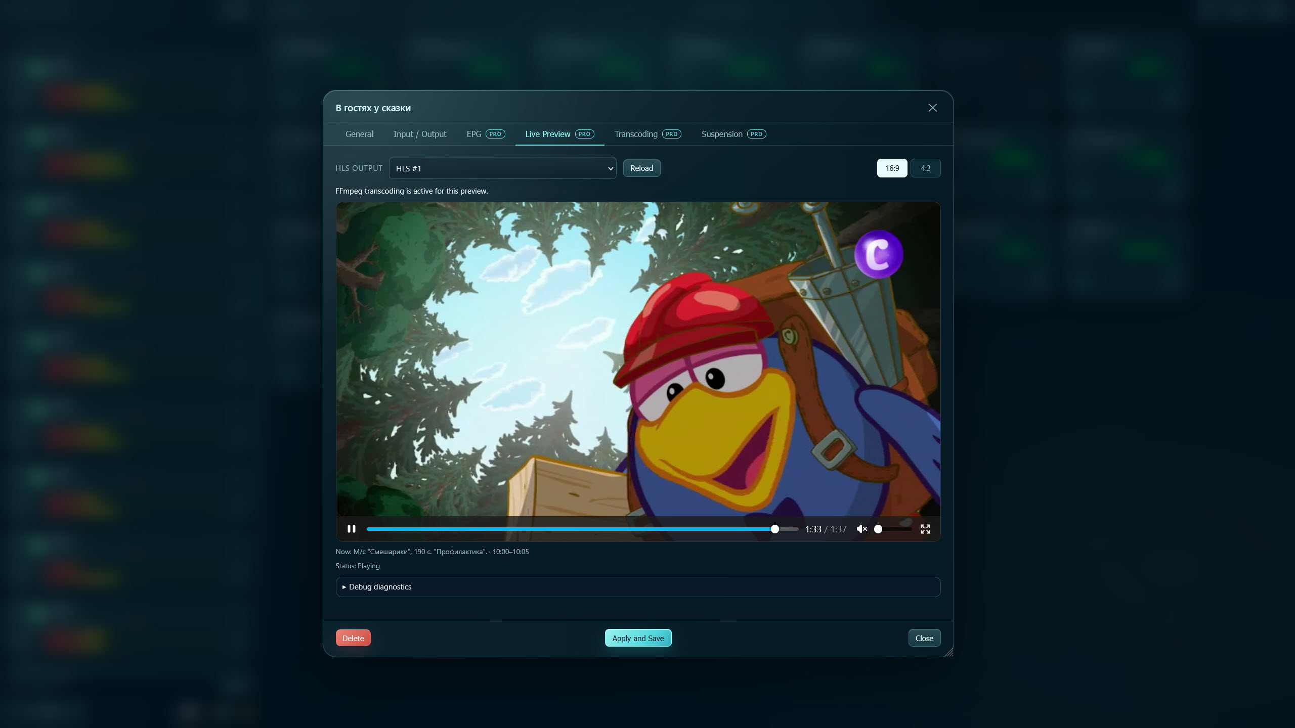 Live Preview tab with a channel player and playback information