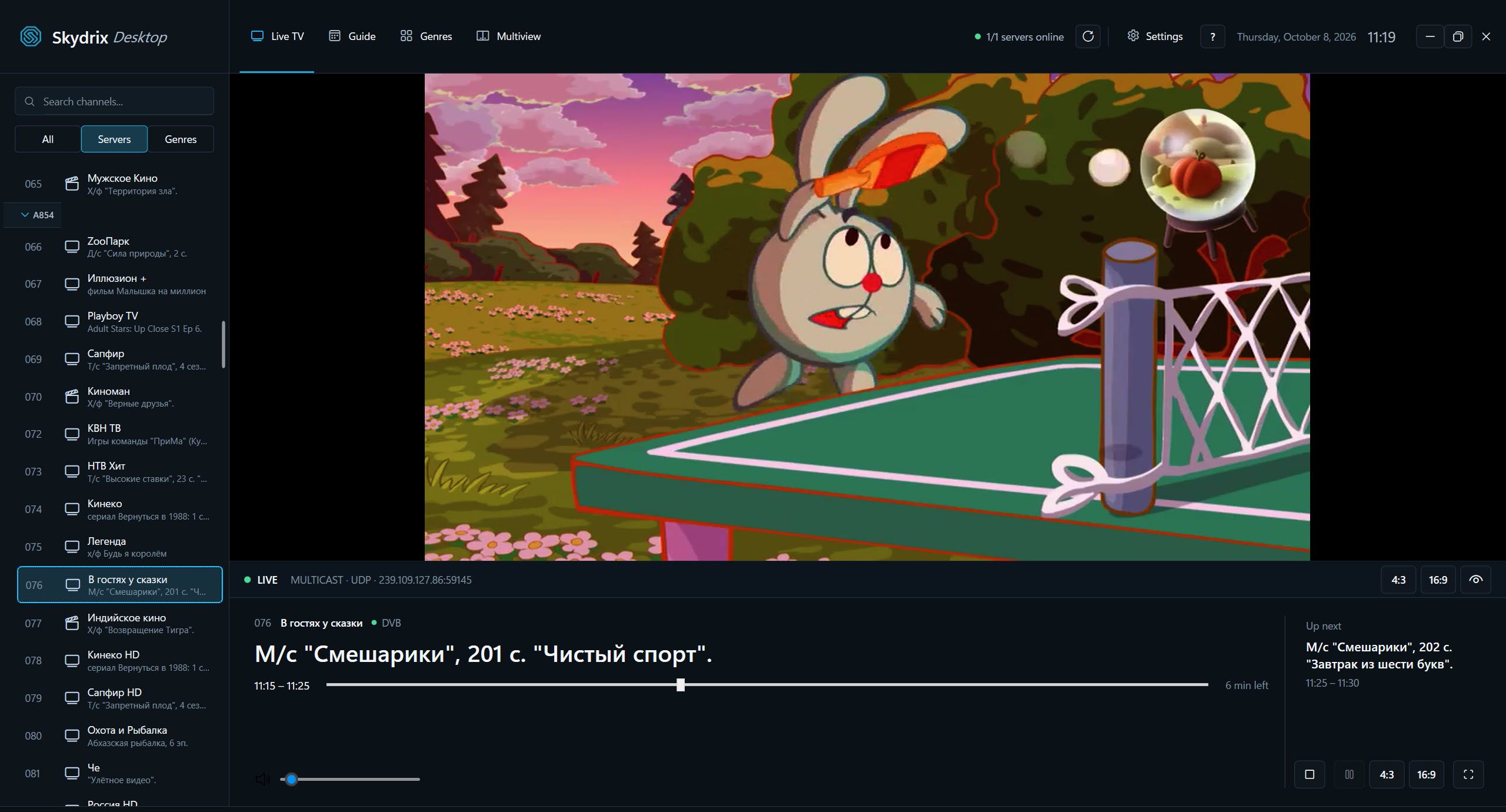 Skydrix Desktop main screen with channel navigation and live playback