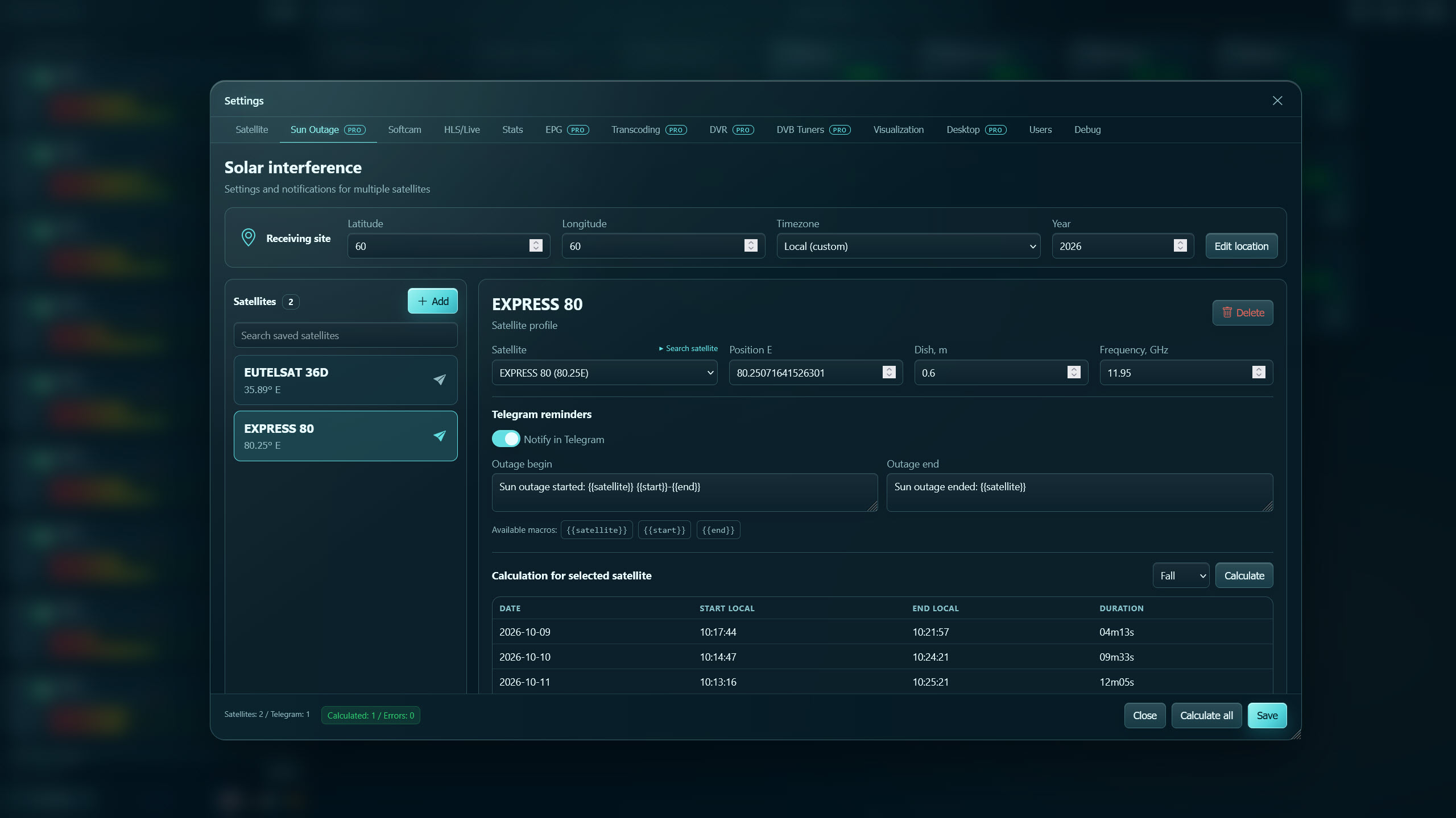 Sun Outage tab with site location and predicted solar-interference windows
